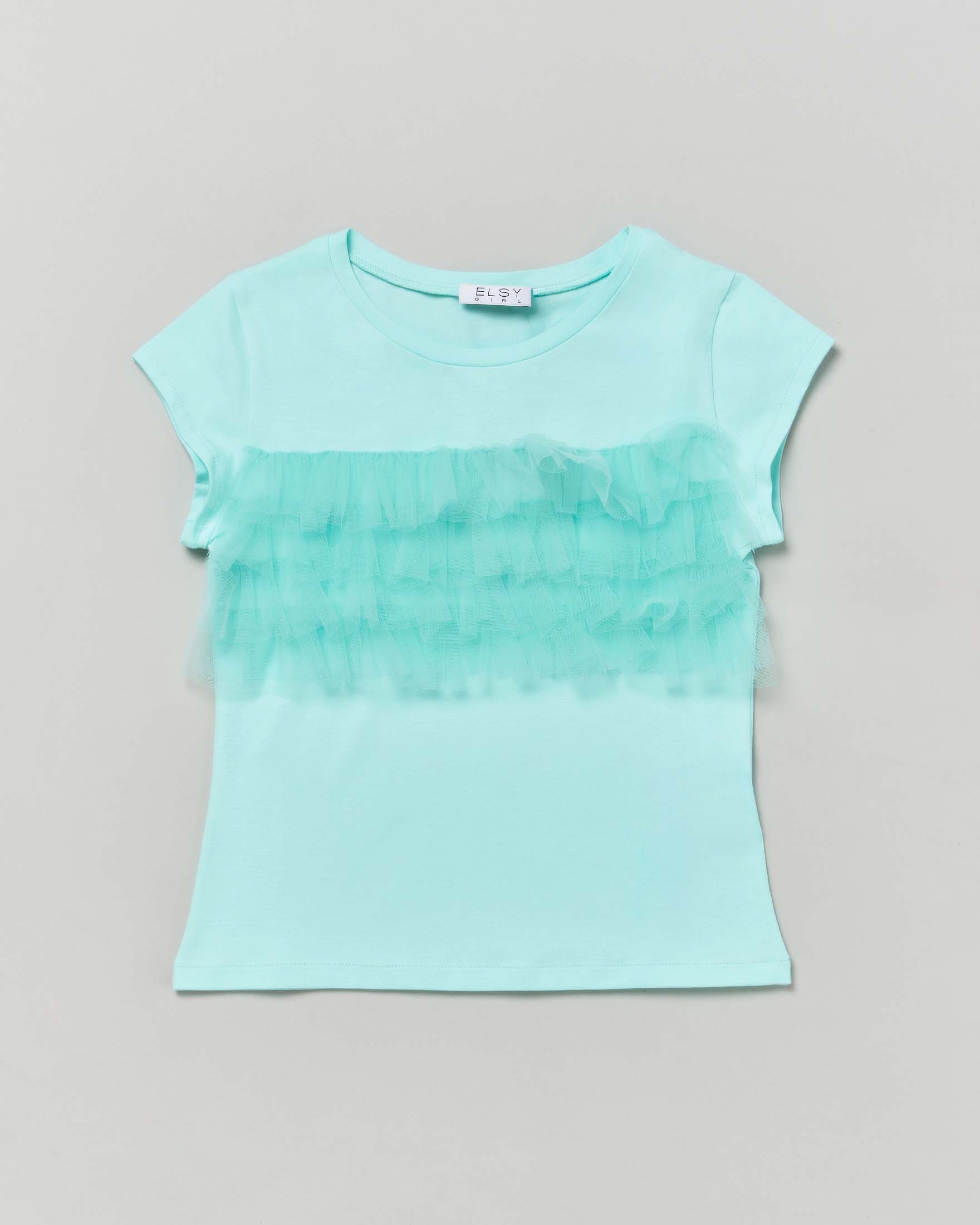 T-shirt verde acqua a maniche corte con rouches in tulle