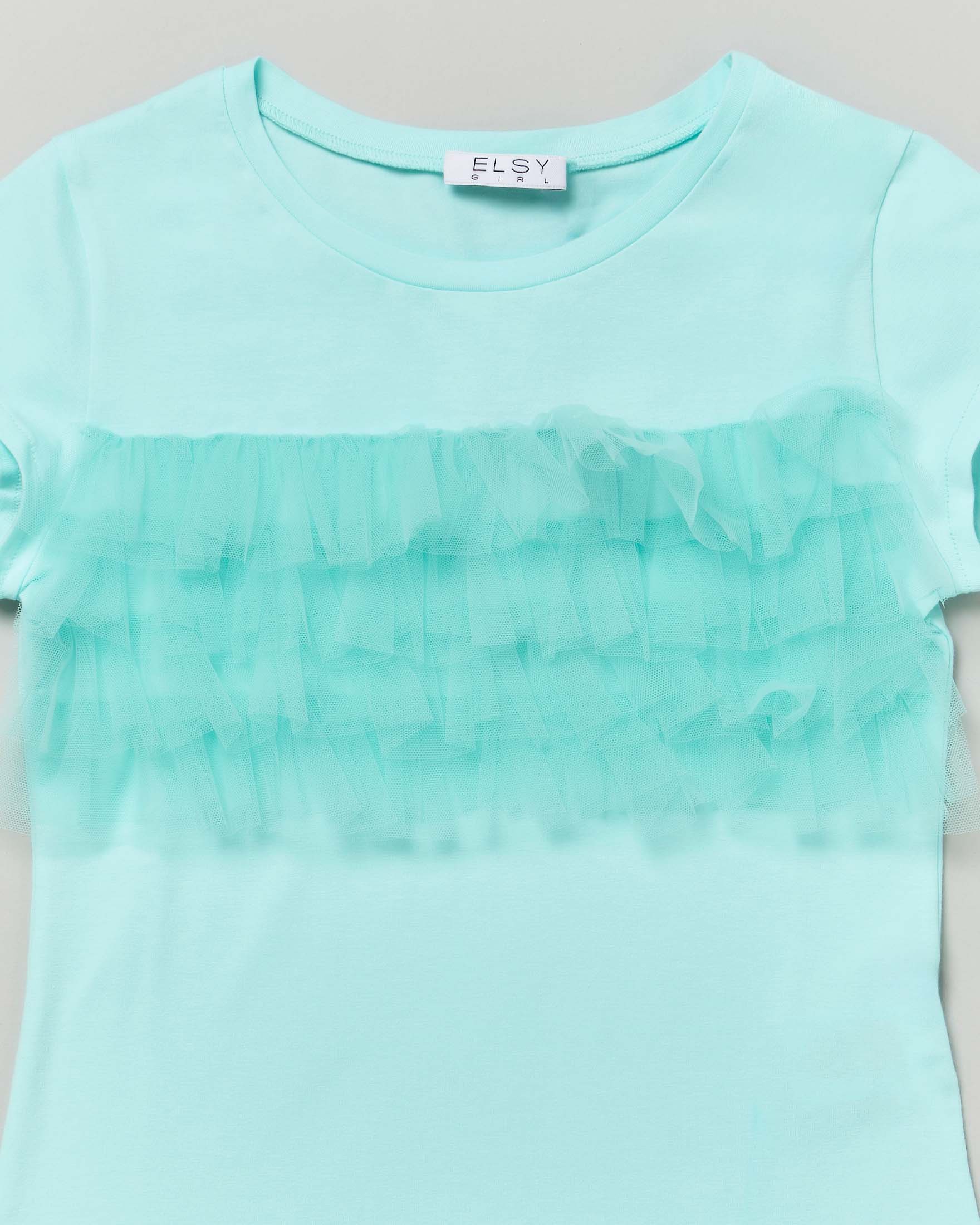 T-shirt verde acqua a maniche corte con rouches in tulle  image
