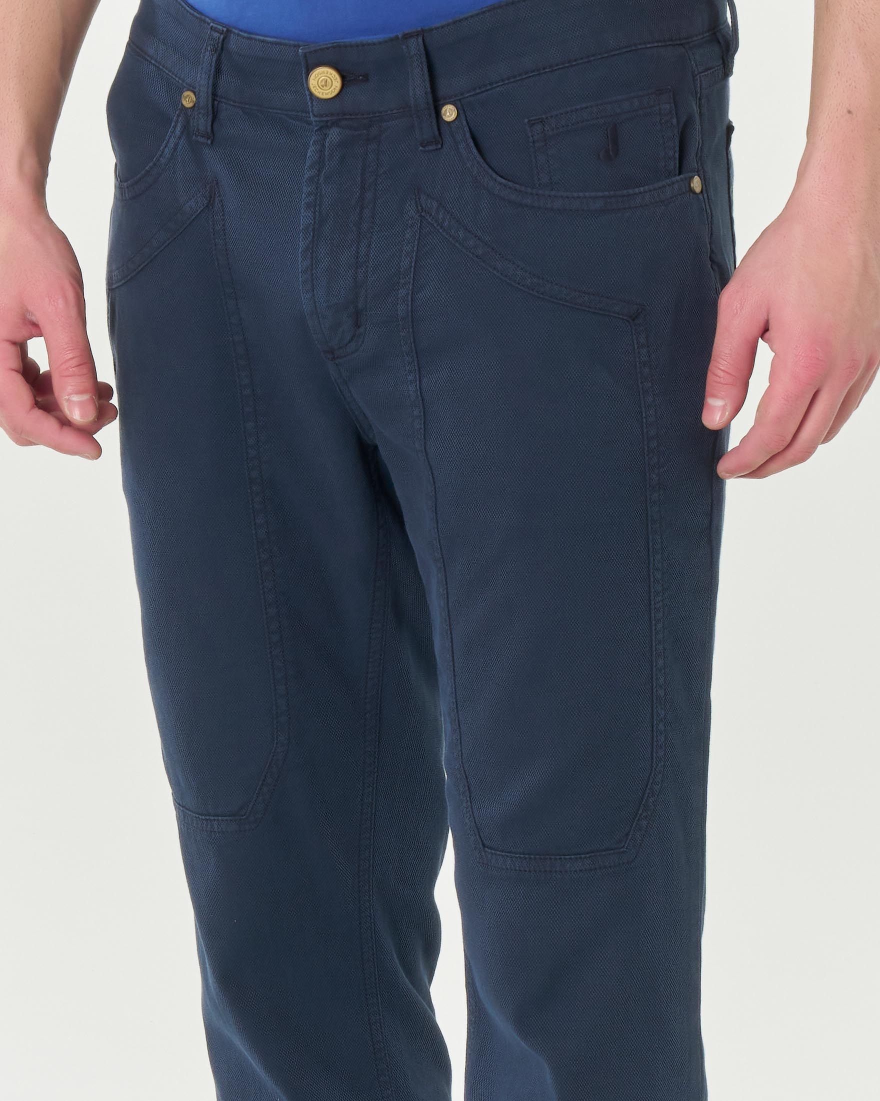 Pantalone blu cinque tasche modello PA077 in cotone stretch micro armatura con toppa image