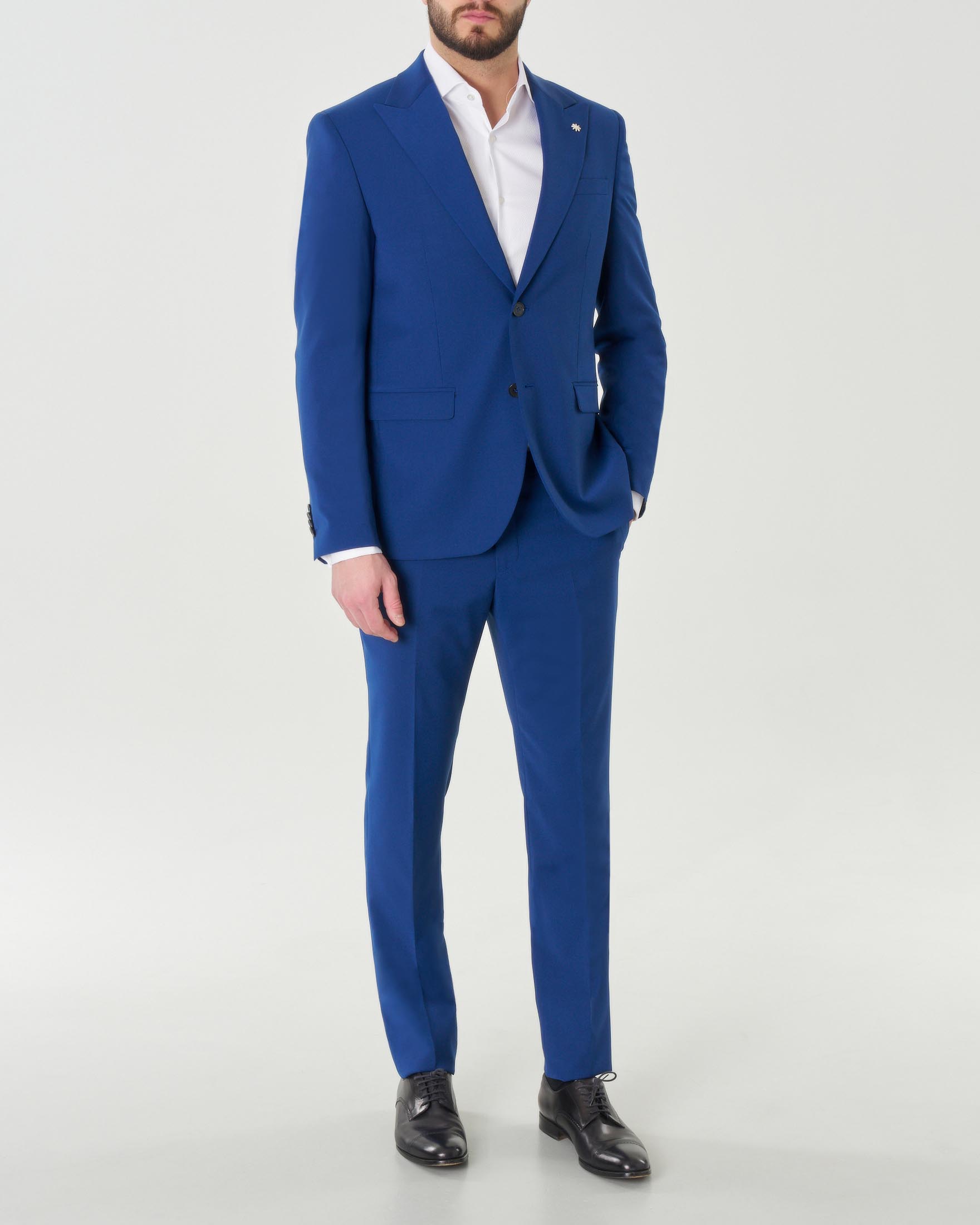 Abito blu royal in tela di lana stretch con rever a lancia