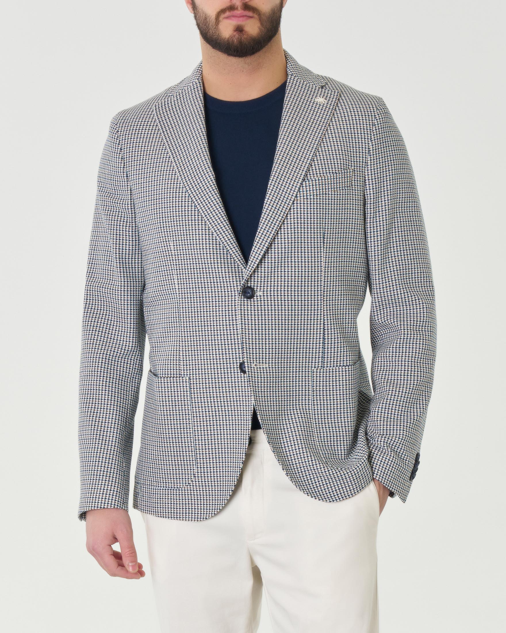 Blazer in misto cotone micro fantasia panna blu e noce
