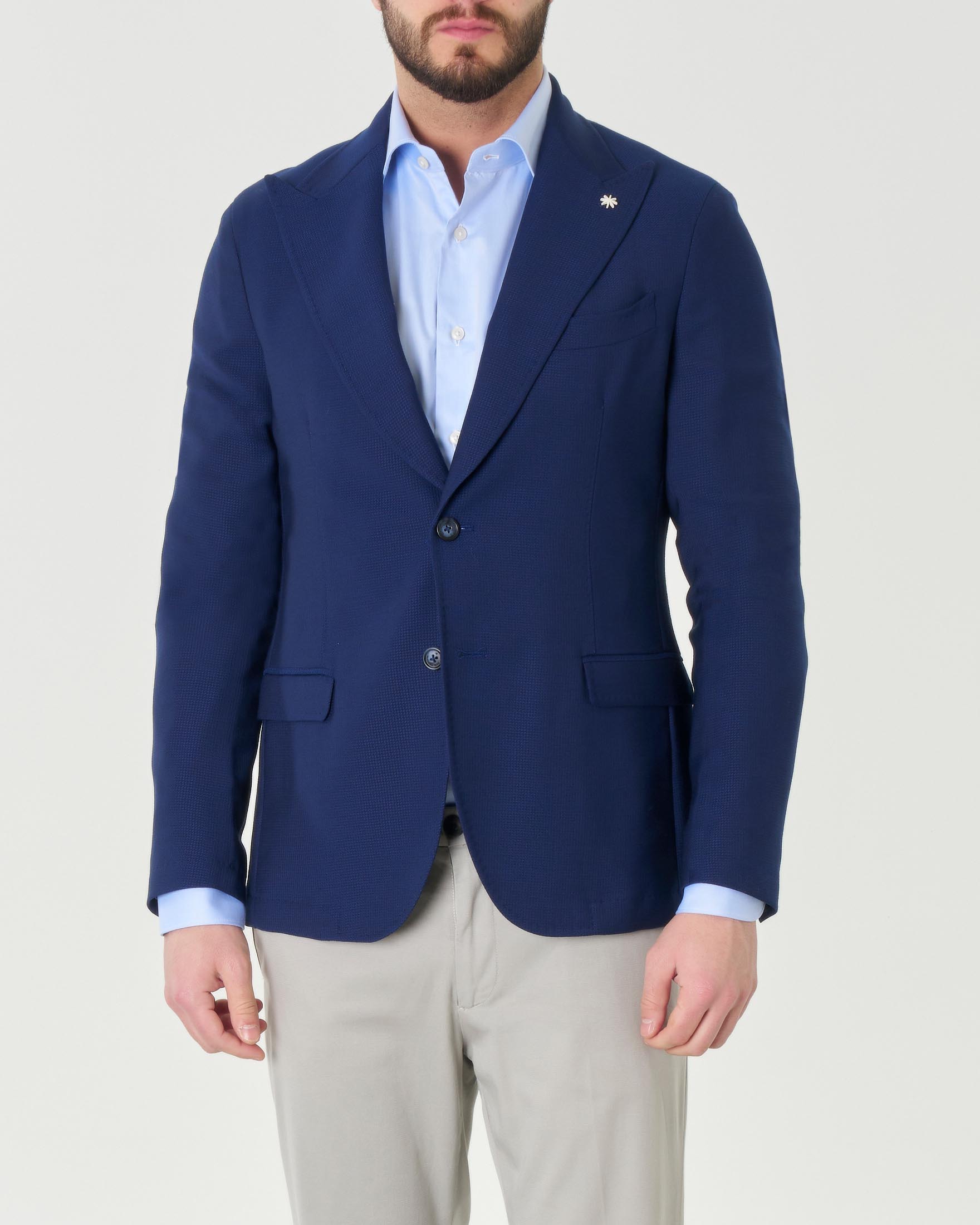 Blazer blu royal in tela di lana con rever a lancia