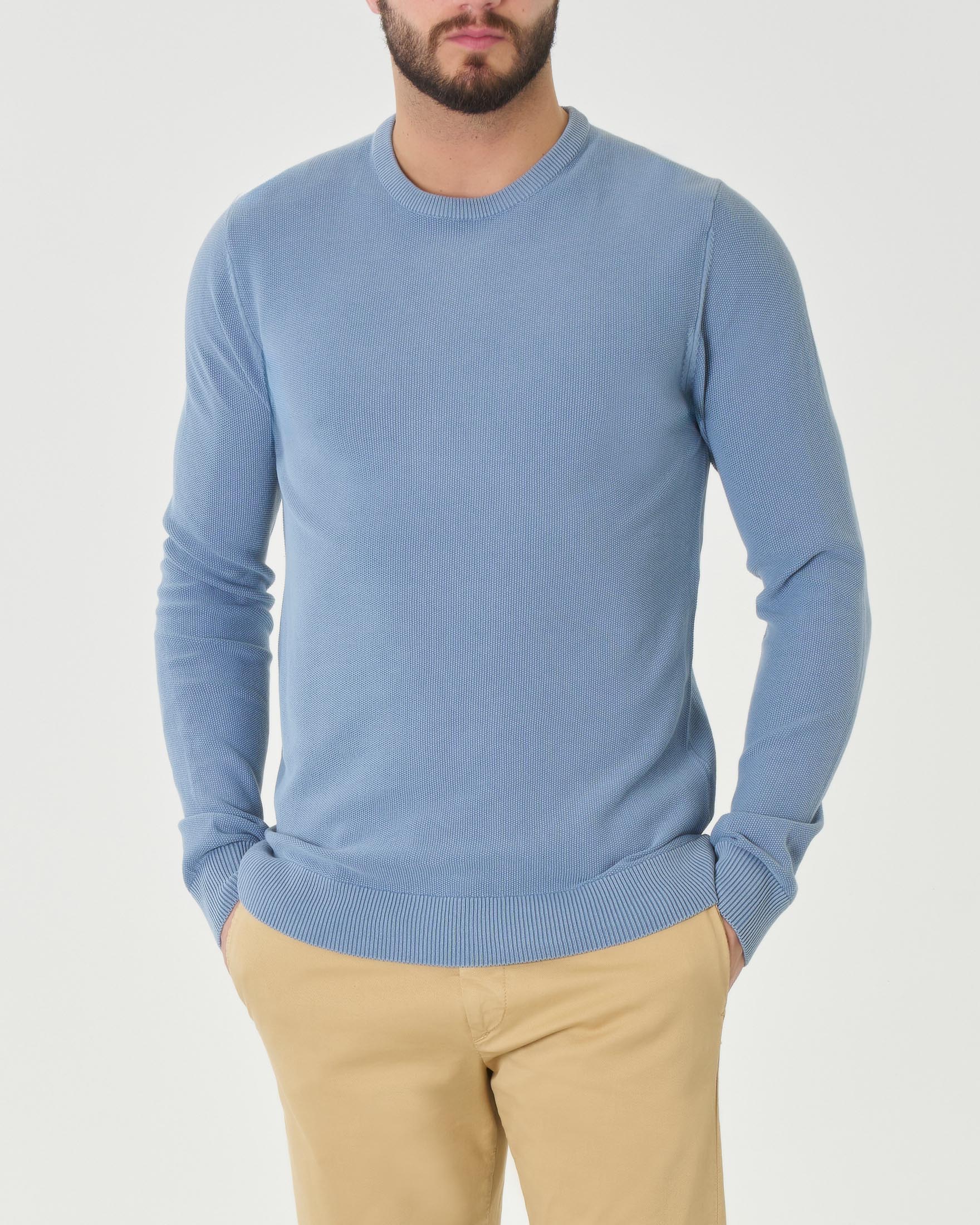 Maglia girocollo azzurra in puro cotone a grana di riso