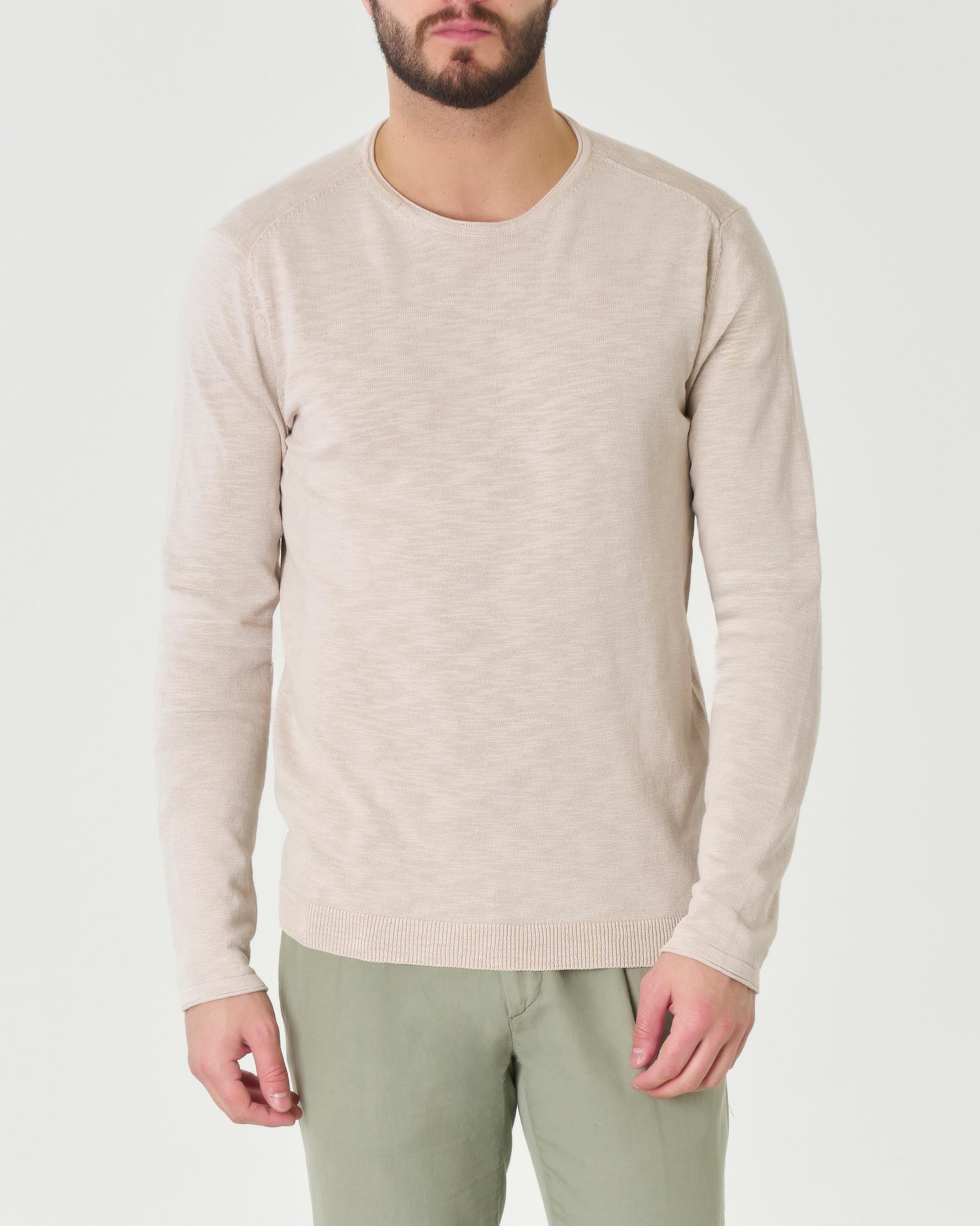 Maglia girocollo beige in puro cotone effetto fiammato