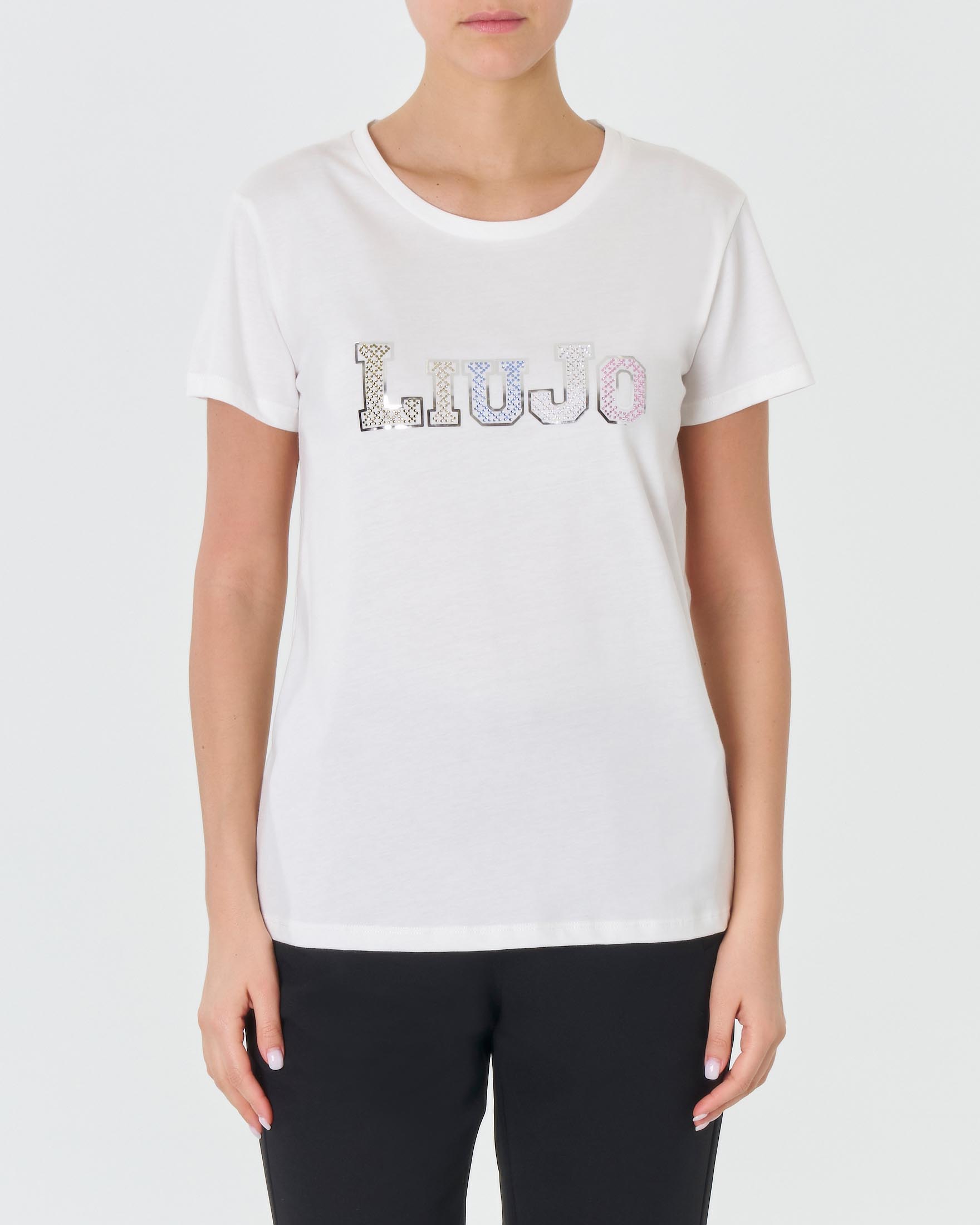 T-shirt bianca in cotone con scritta logo in strass multicolore e profili argento