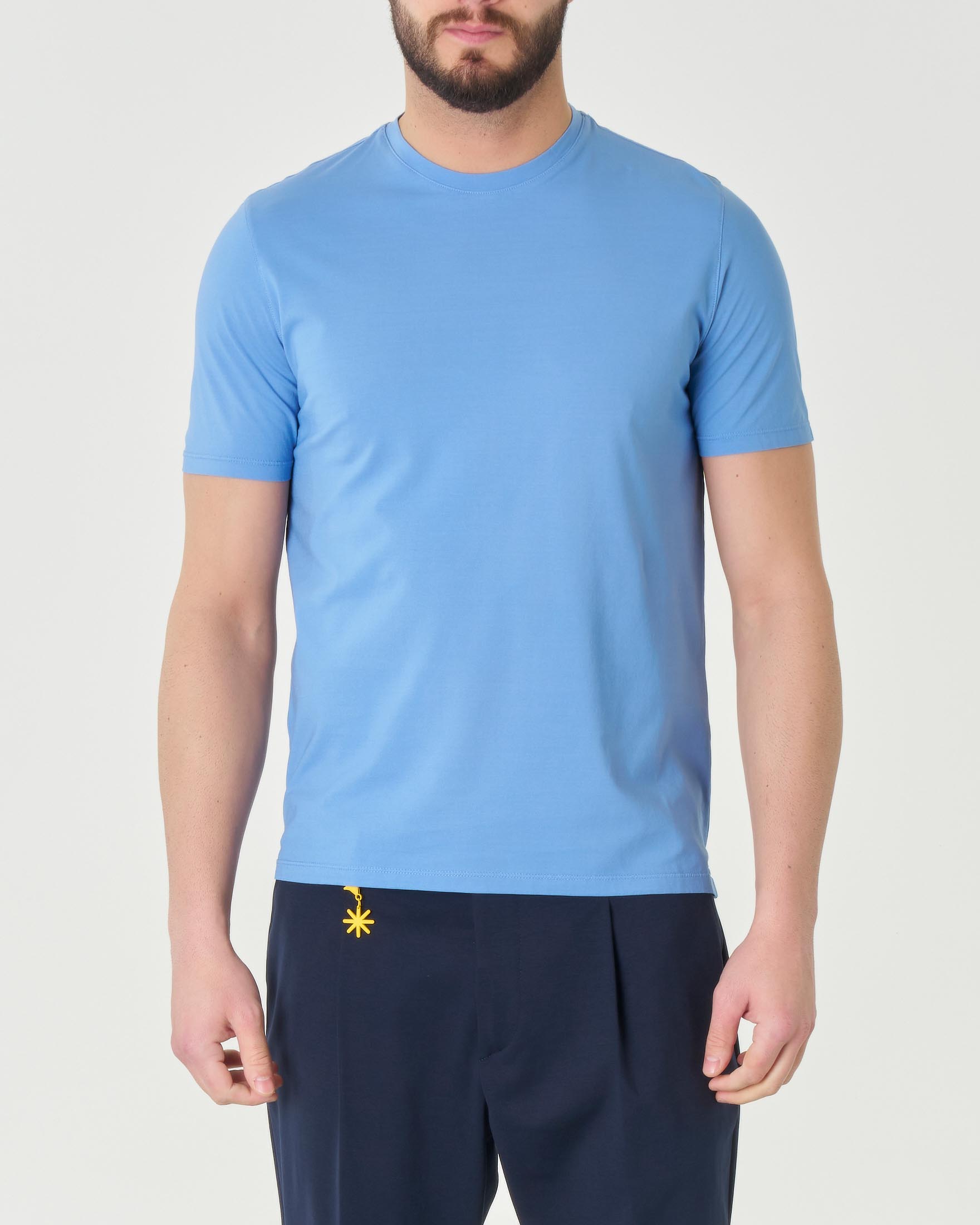 T-shirt azzurra Pellizzari in crêpe di puro cotone slim fit a tinta unita