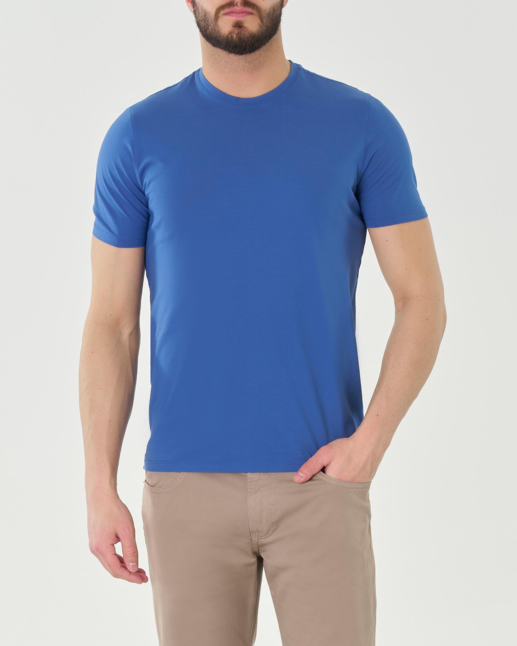 T-shirt blu royal Pellizzari in crêpe di puro cotone slim fit a tinta unita