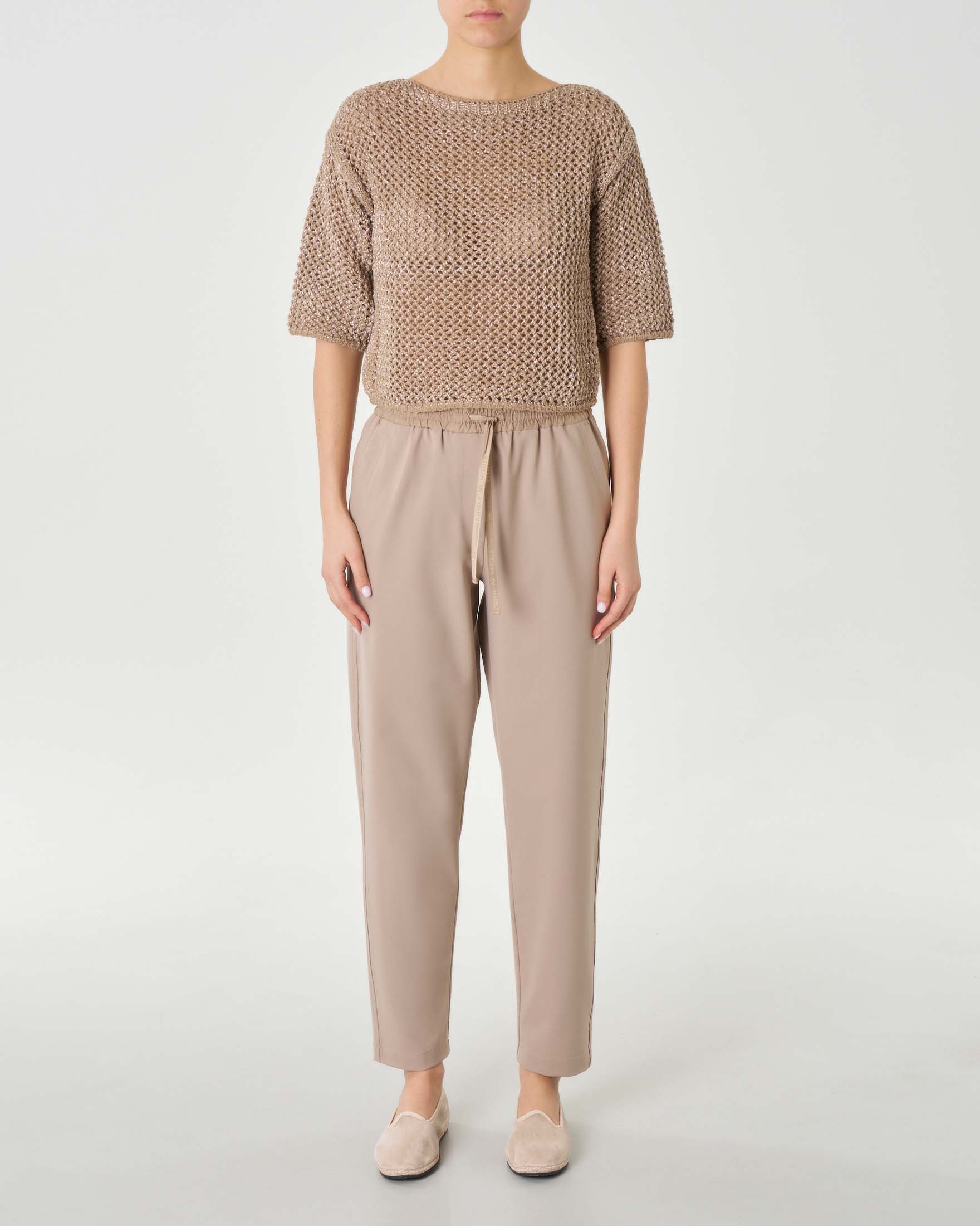 Pantaloni sabbia in tela di misto viscosa con elastico e coulisse inseriti in vita Linea MONOCHROME