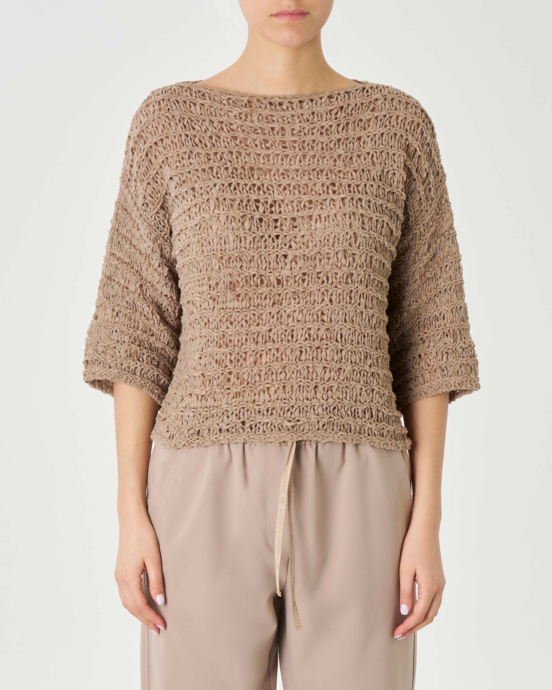 Maglia color sabbia in misto cotone a lavorazione uncinetto con maniche tre quarti Linea MONOCHROME