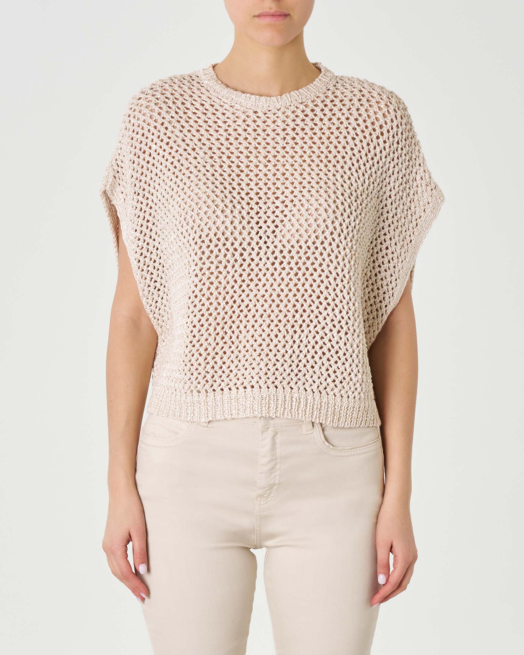 Maglia senza maniche color gesso in misto cotone a rete con pailettes Linea MONOCHROME