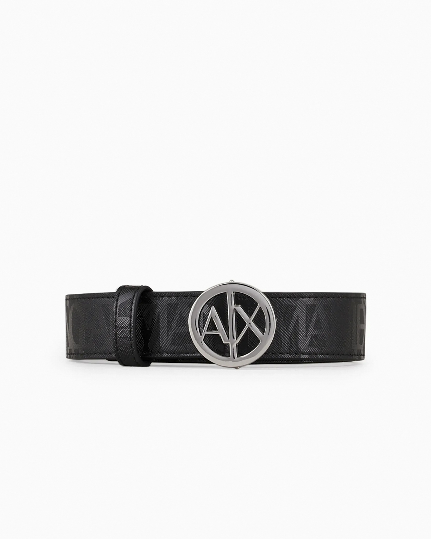 Cintura nera Exchange in similpelle con scritta logo all-over e fibbia tonda in metallo