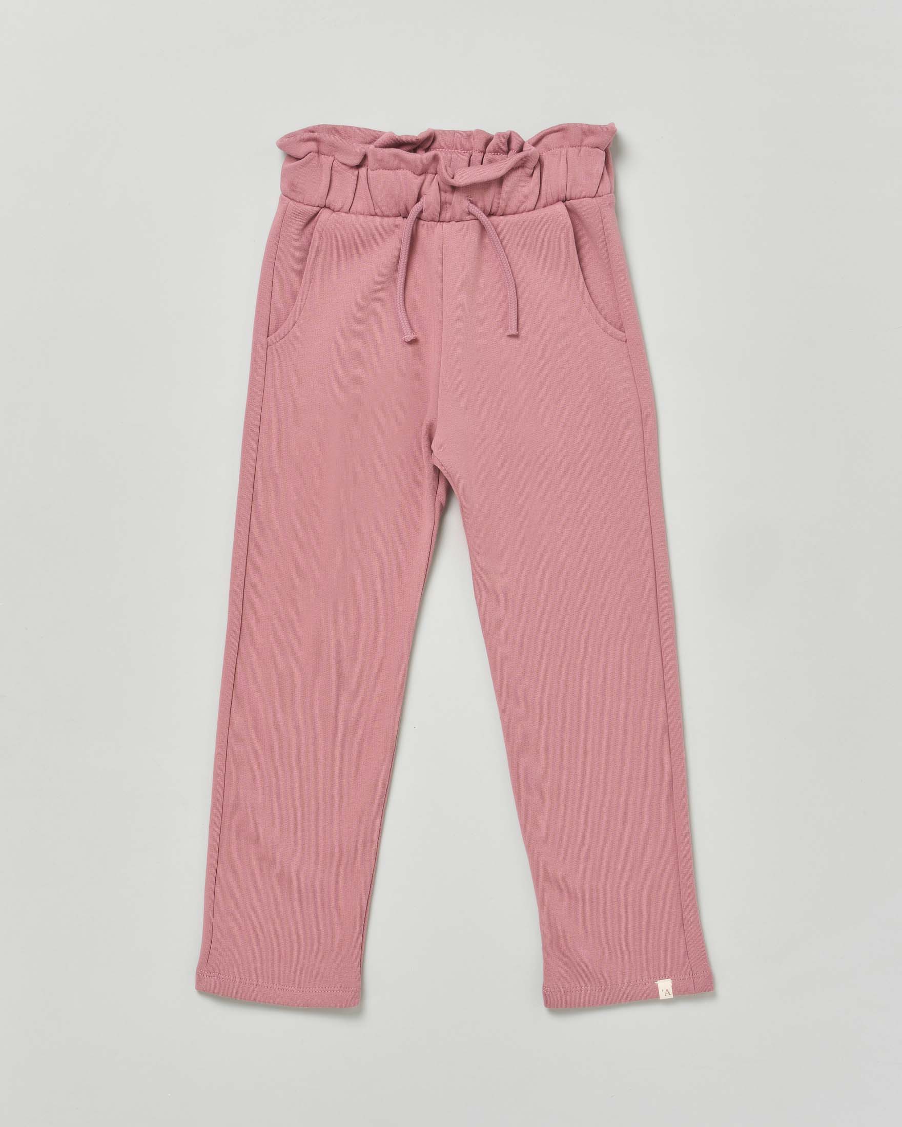 Pantaloni malva in felpa di cotone con rouches sull'elastico