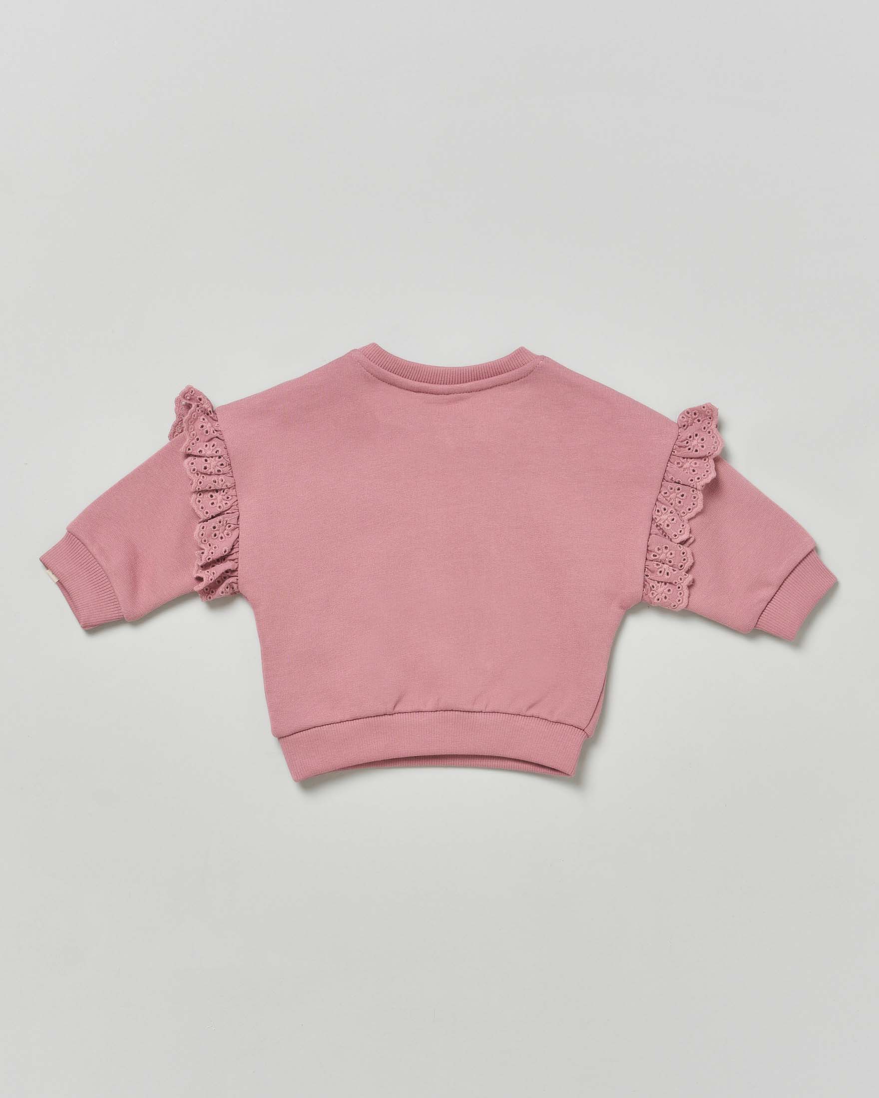 Felpa malva in cotone con rouches in sangallo 1-18 mesi