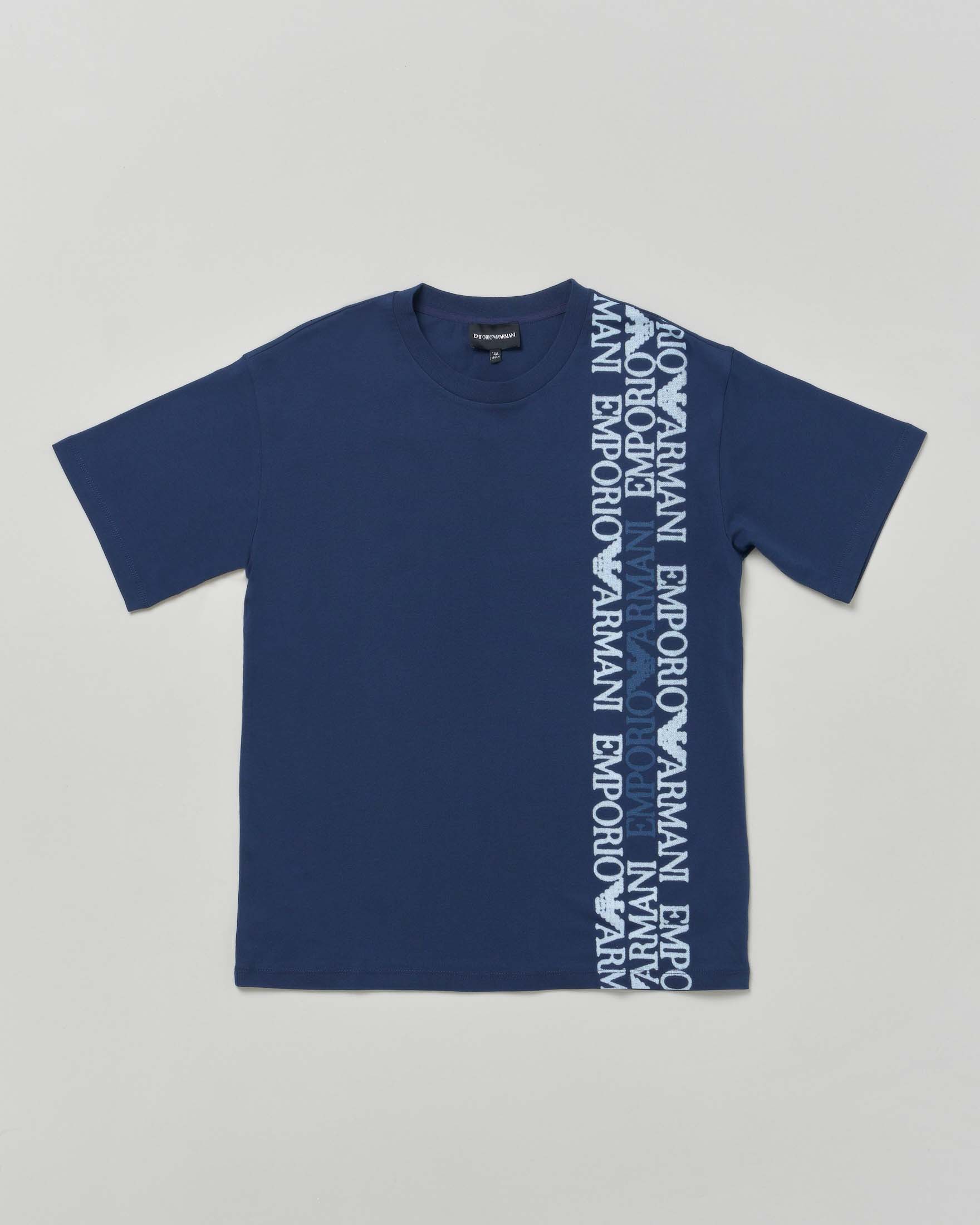 T-shirt blu in cotone a mezza manica con scritte logo verticali