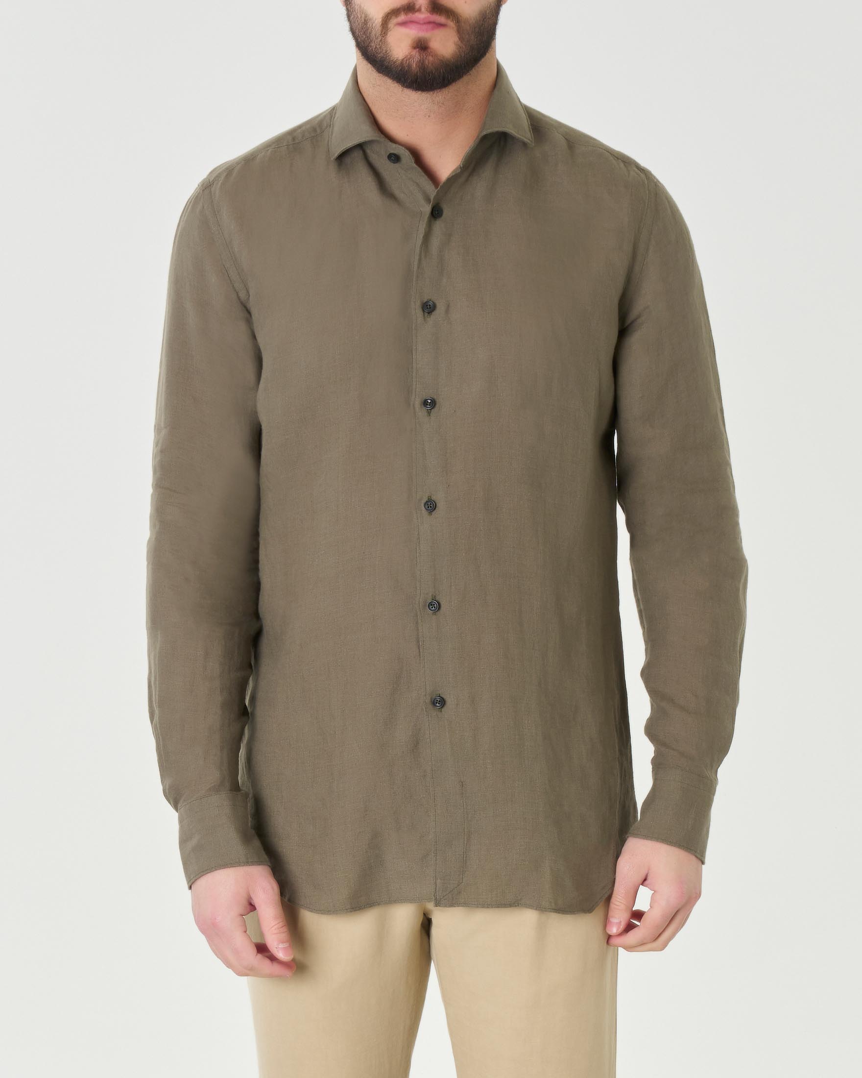 Camicia verde militare in puro lino con colletto alla francese
