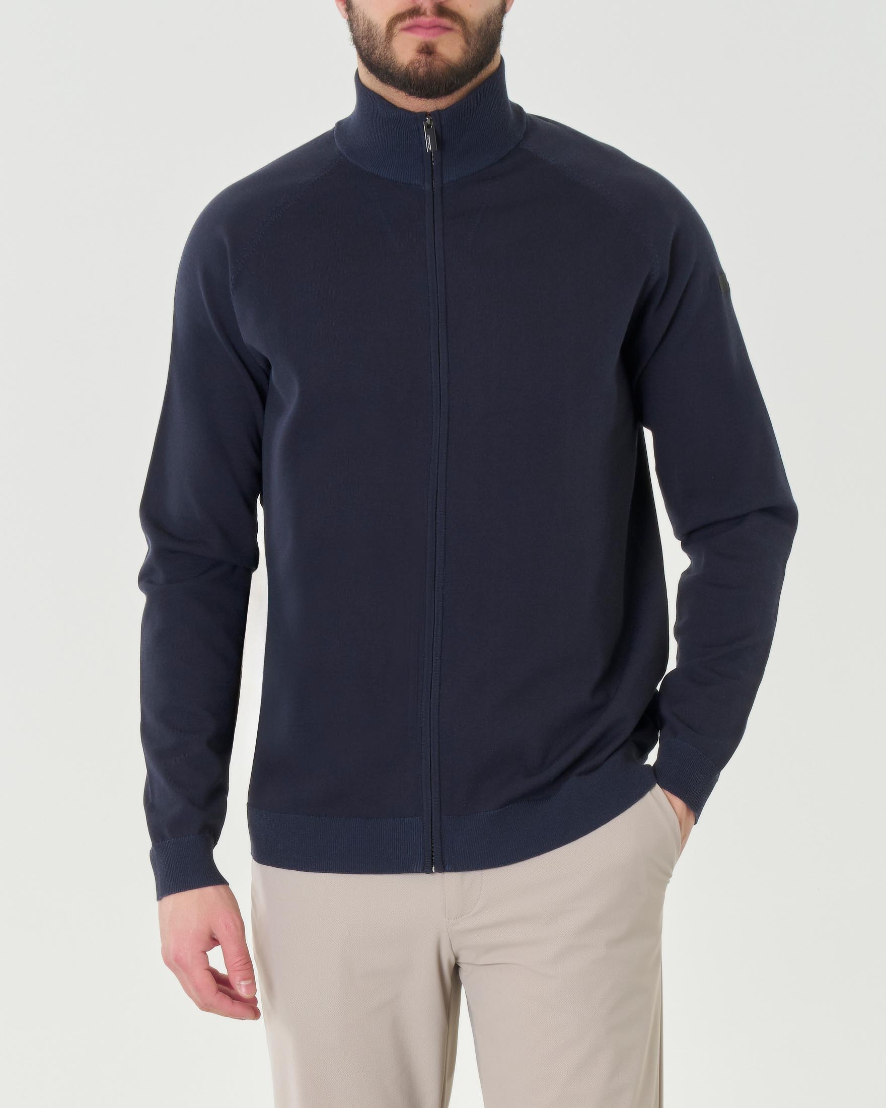 Maglia blu in cotone con chiusura zip e maniche raglan