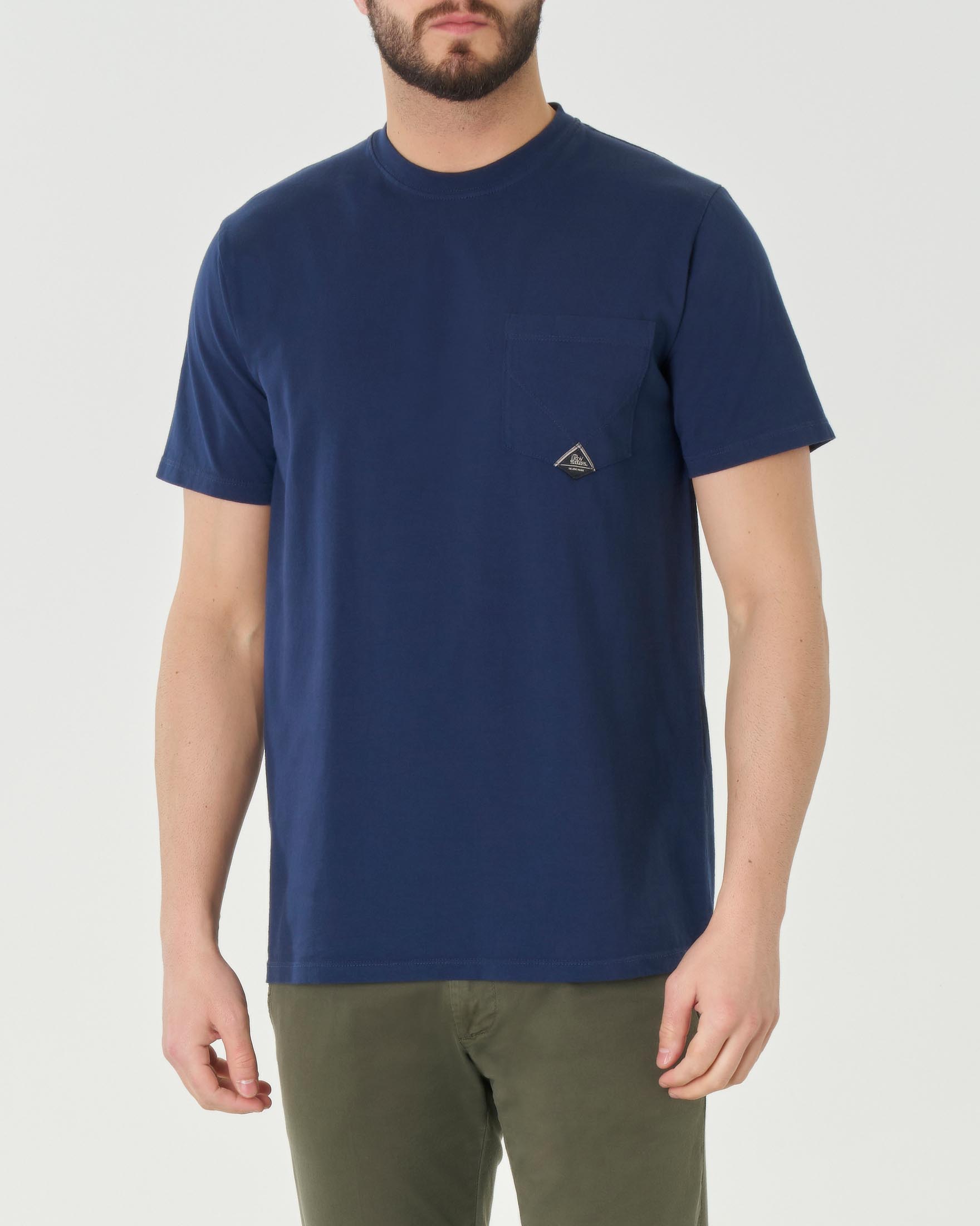 T-shirt mezza manica blu in puro cotone con taschino applicato sul petto