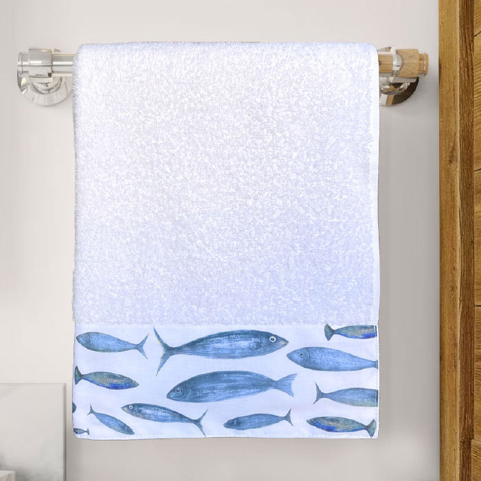 Pair of SHARM Fish Towels Blue digital print