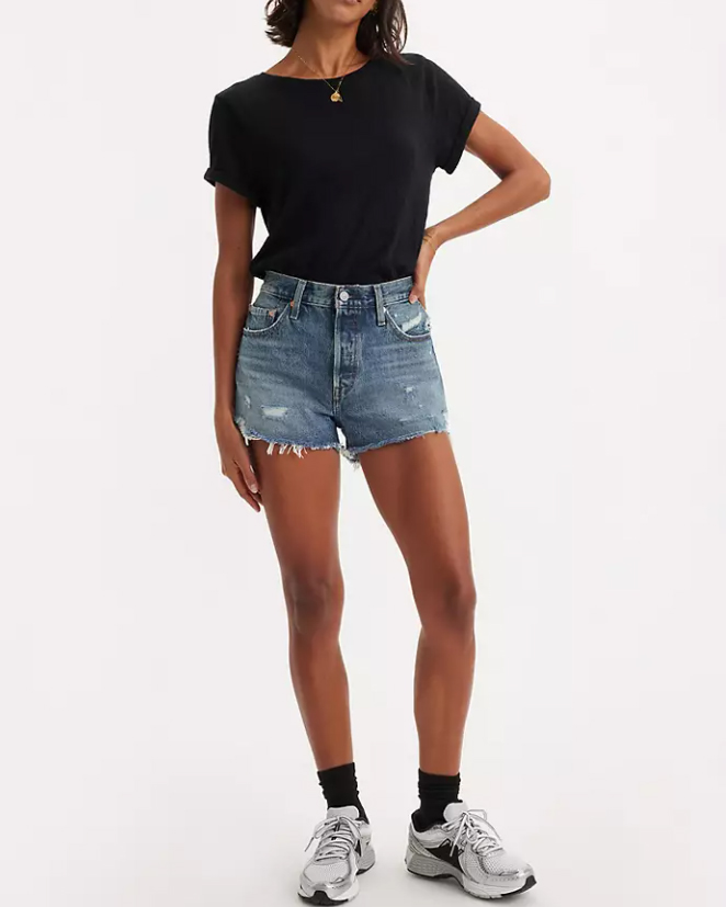 Shorts 501® a vita alta blu stone washed in cotone con orli sfrangiati