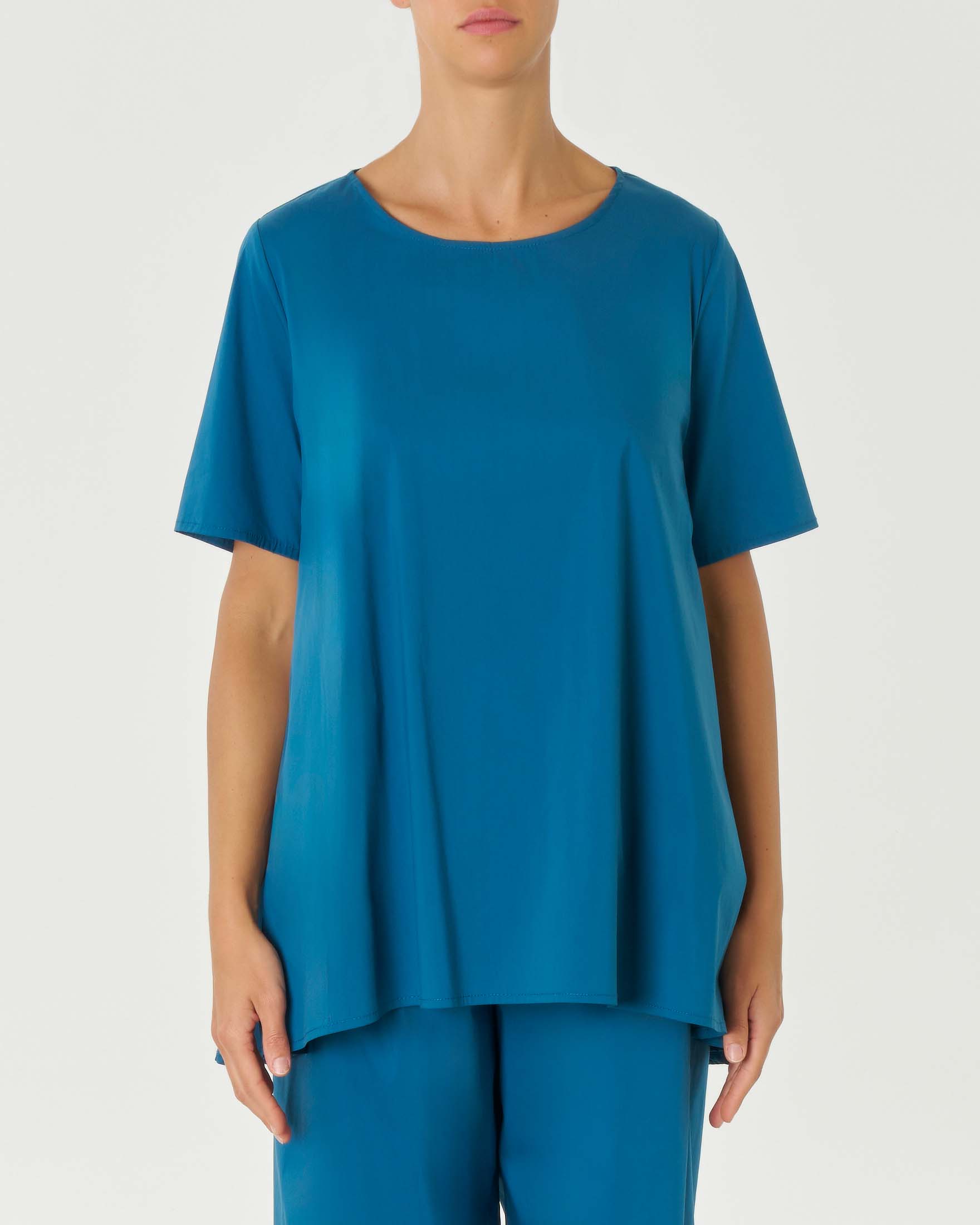 Blusa verde petrolio in popeline di misto cotone stretch dalla linea svasata con maniche corte