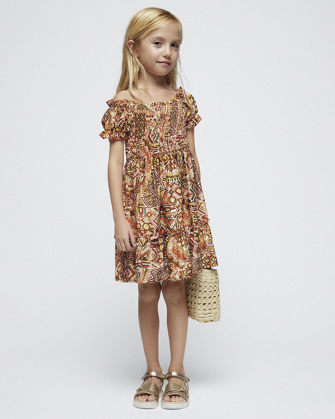 Abito mini in cotone a fantasia etnica arancione e verde militare con maniche corte 3-7 anni