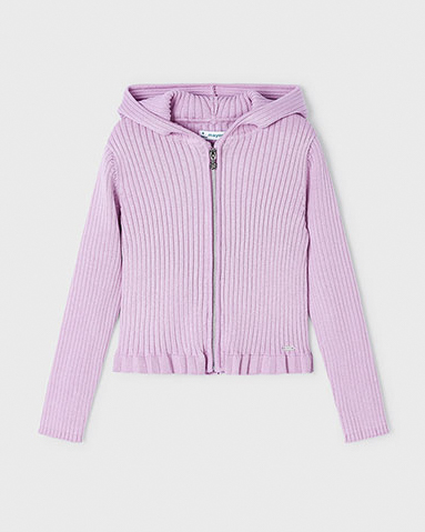 Maglia lilla in misto viscosa rifinita a coste con cappuccio e zip