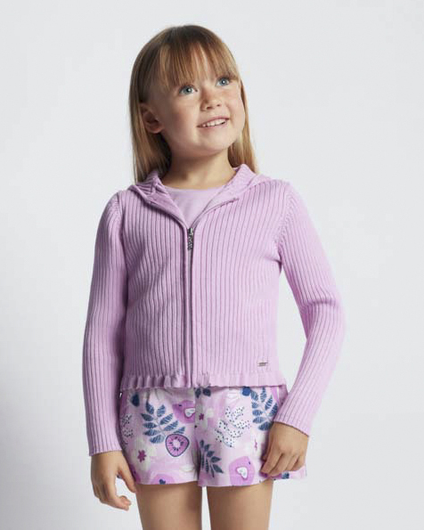 Maglia lilla in misto viscosa rifinita a coste con cappuccio e zip