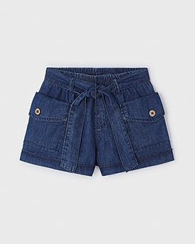 Short blu denim in cotone con tasconi e fusciacca 