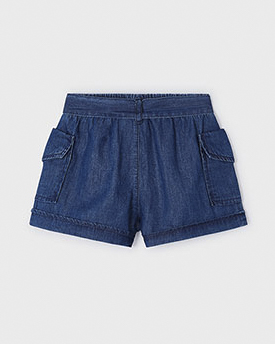 Short blu denim in cotone con tasconi e fusciacca 