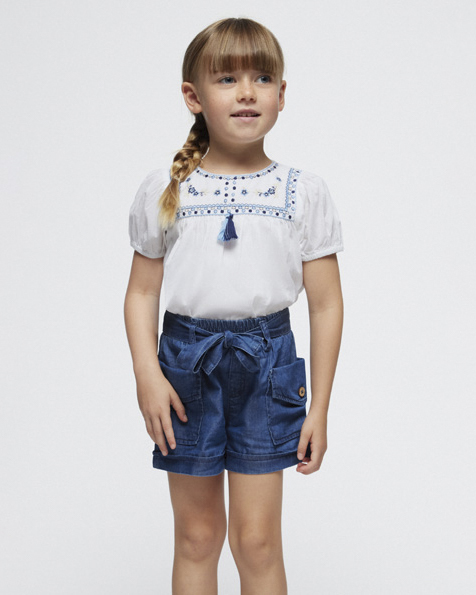 Short blu denim in cotone con tasconi e fusciacca 
