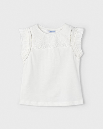 T-shirt bianca in cotone con maniche a volants e dettagli sangallo