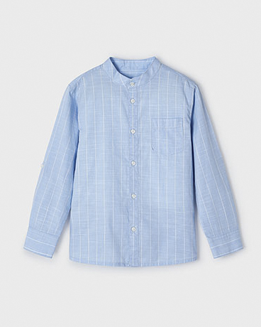 Camicia azzurra alla coreana in cotone a fantasia rigata bianca 2-8 anni image