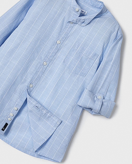 Camicia azzurra alla coreana in cotone a fantasia rigata bianca 2-8 anni