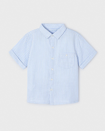 Camicia in cotone a maniche corte a fantasia rigata azzurra e bianca 