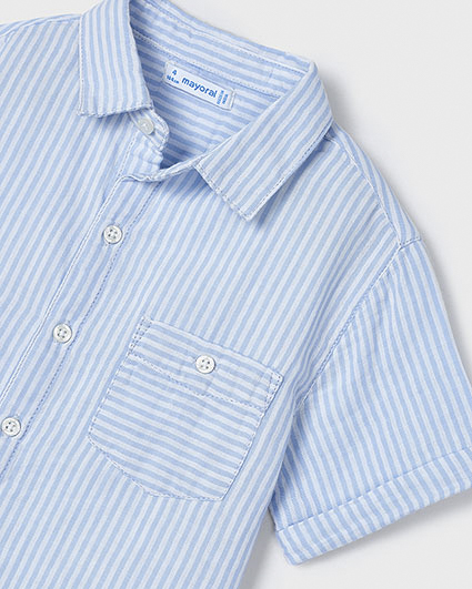 Camicia in cotone a maniche corte a fantasia rigata azzurra e bianca 