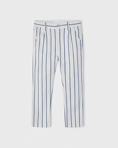 Pantalone chino il lino e cotone a fantasia rigata avorio e blu