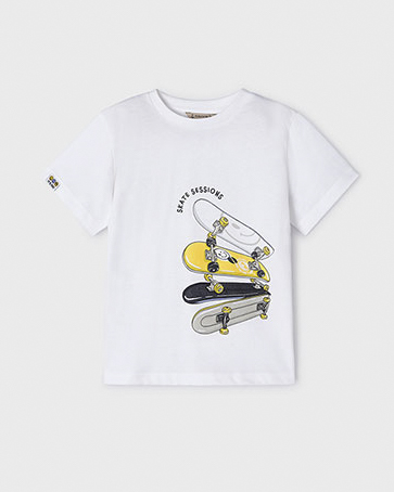 T-shirt bianca in cotone a maniche corte con stampa skate nera e gialla 3-7 anni