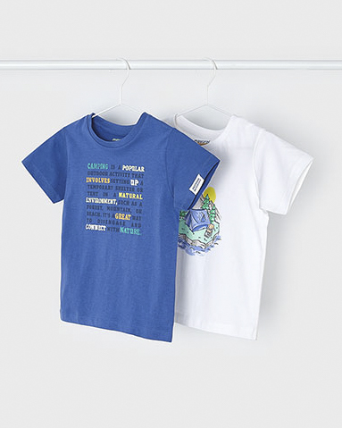 Set doppia t-shirt bianca ed indaco in cotone a maniche corte con stampe a fantasia camping 3-7 anni
