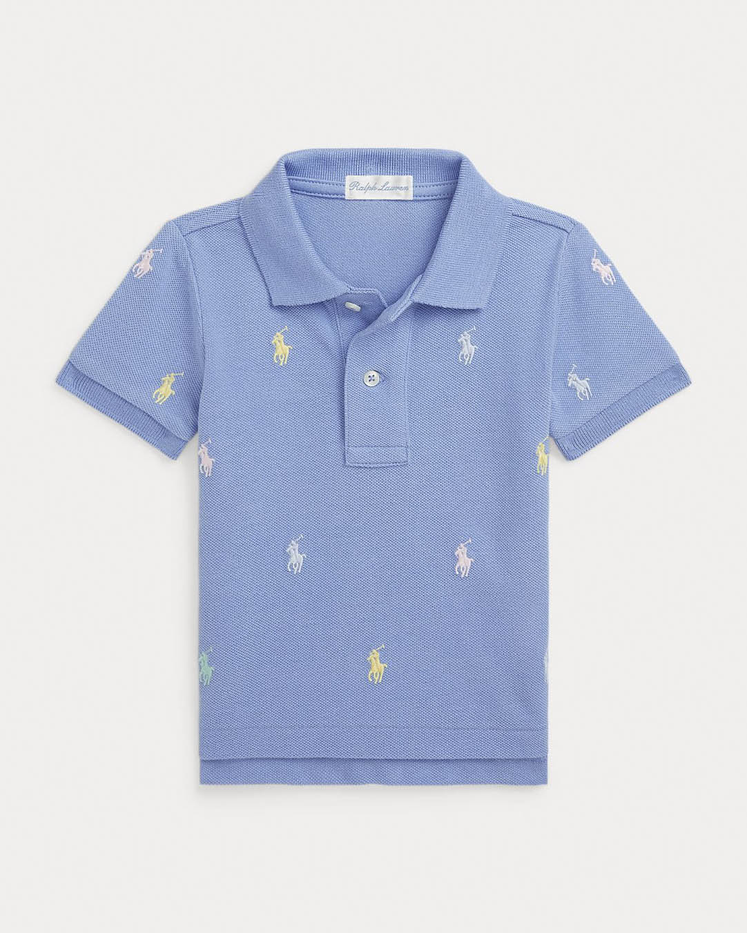 Polo celeste in piquet con logo pony colorati ricamati all-over e maniche corte