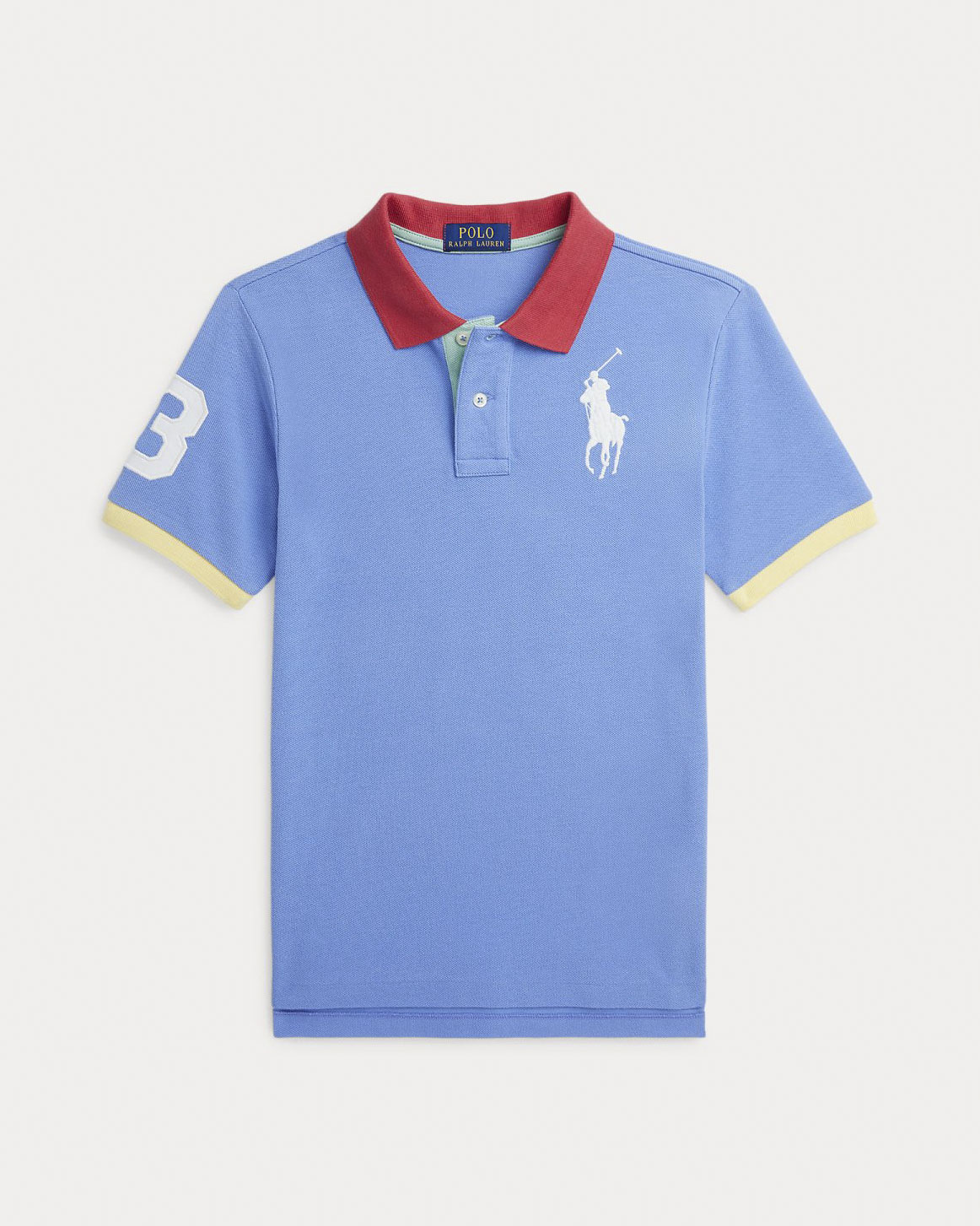 Polo celeste in piquet a maniche corte con collo e maniche in contrasto e maxi logo pony