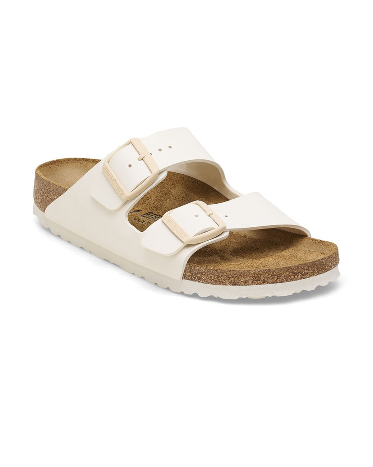 Sandalo Arizona Birkenstock in nabuk color avorio con doppia fascetta e fibbie in metallo