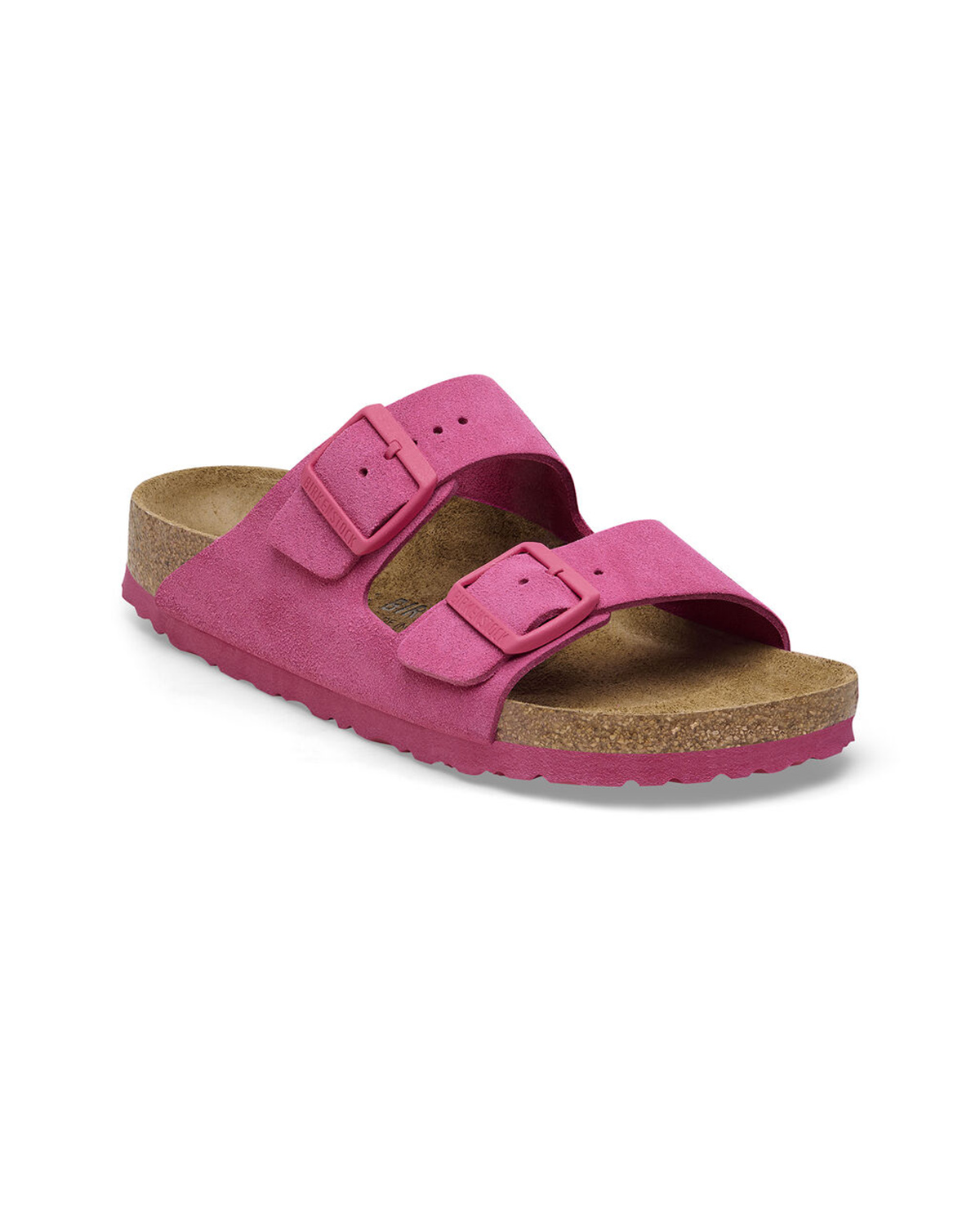 Sandalo Arizona fucsia in pelle scamosciata con doppia fascetta e fibbia in metallo tono su tono