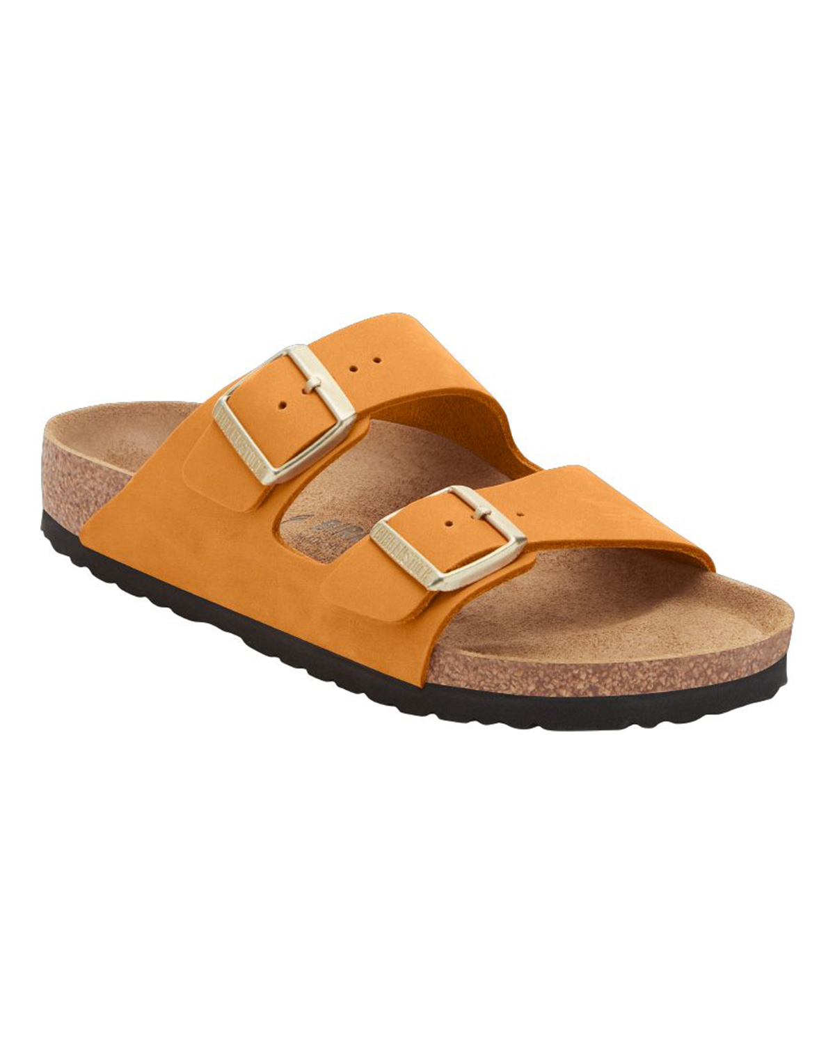 Sandalo Arizona in nabuk arancione con doppia fascetta e fibbie in metallo oro