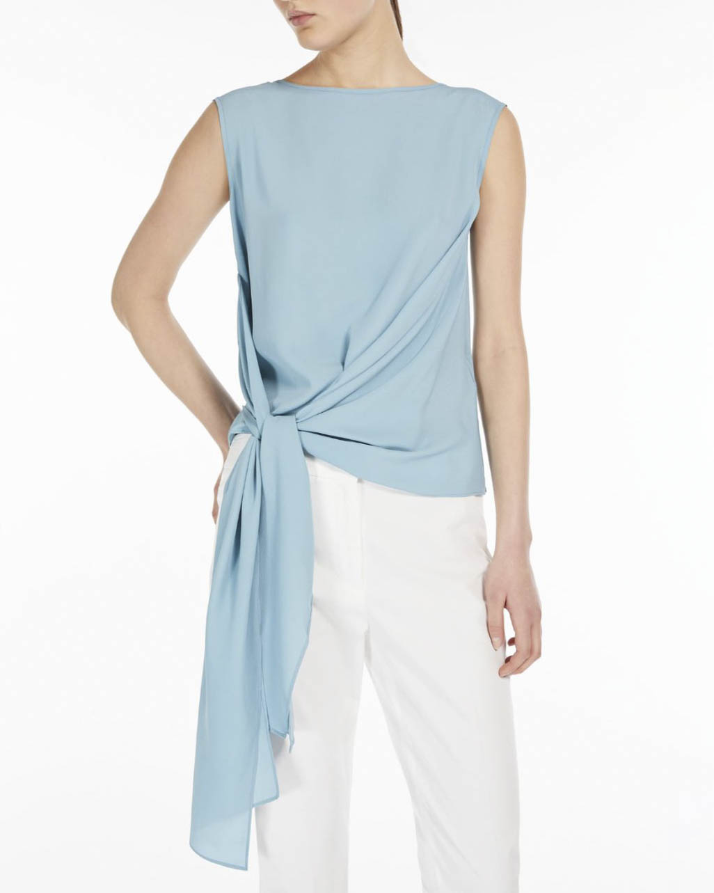 Top azzurro senza maniche in misto seta con motivo a nodo drappeggiato sul fondo image