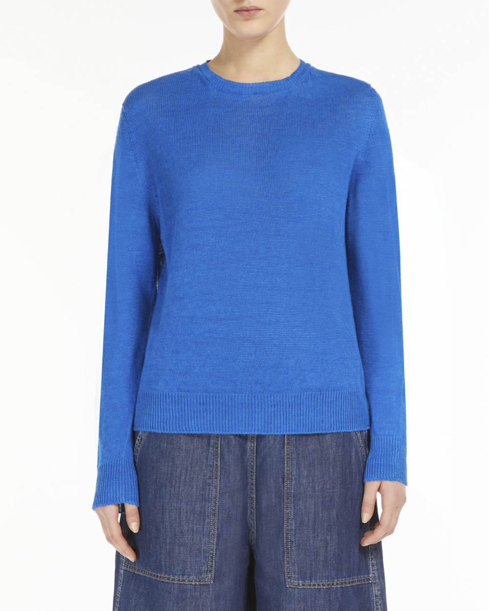 Maglia blu China regular fit in puro lino lavorato a punto rasato