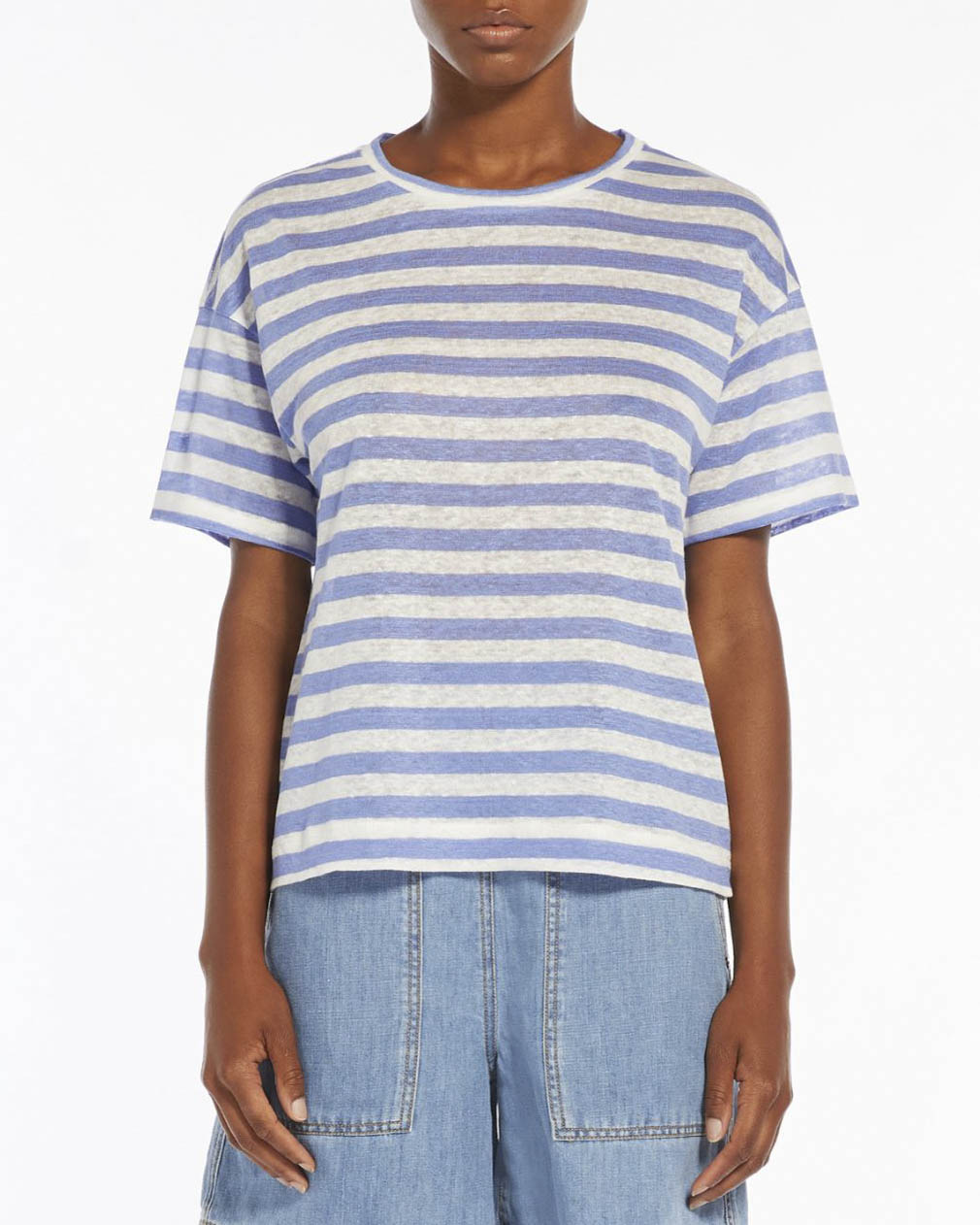 T-shirt avorio a righe azzurre in lino con spacchetti laterali