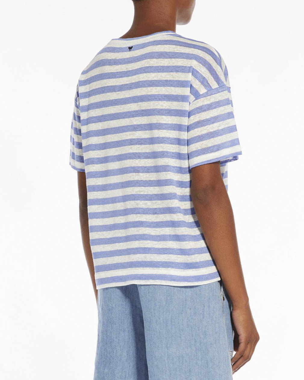 T-shirt avorio a righe azzurre in lino con spacchetti laterali image