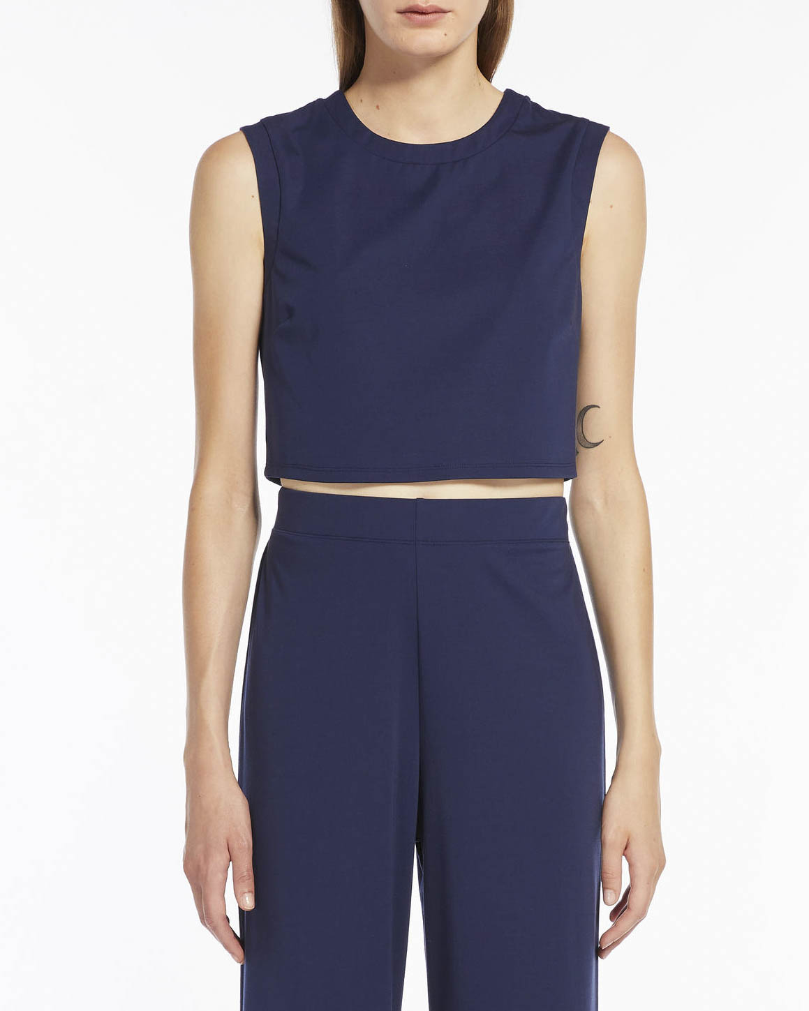 T-shirt blu cropped in misto lyocell senza maniche