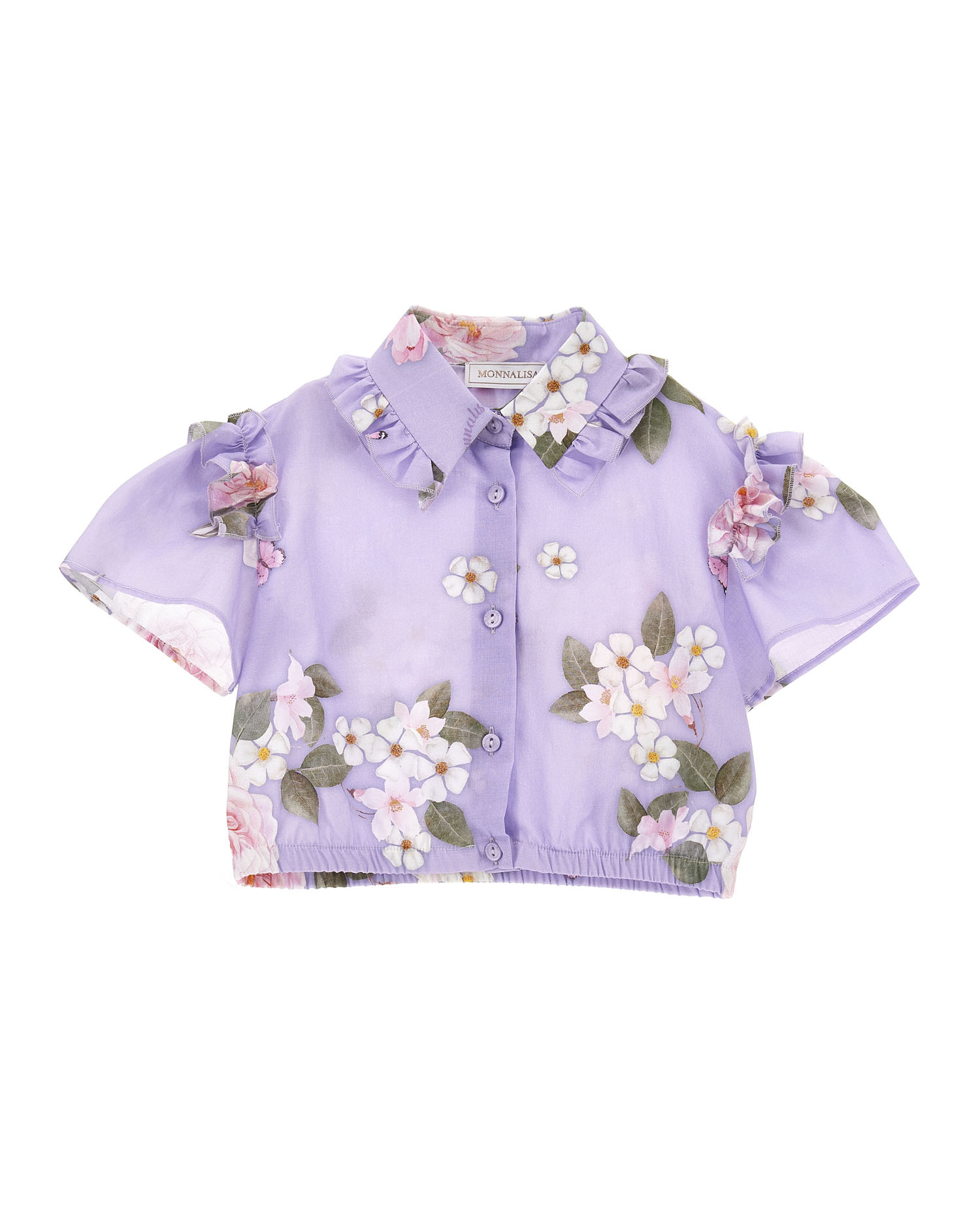 Blusa lilla cropped in mussola di cotone a fantasia floreale e maniche corte