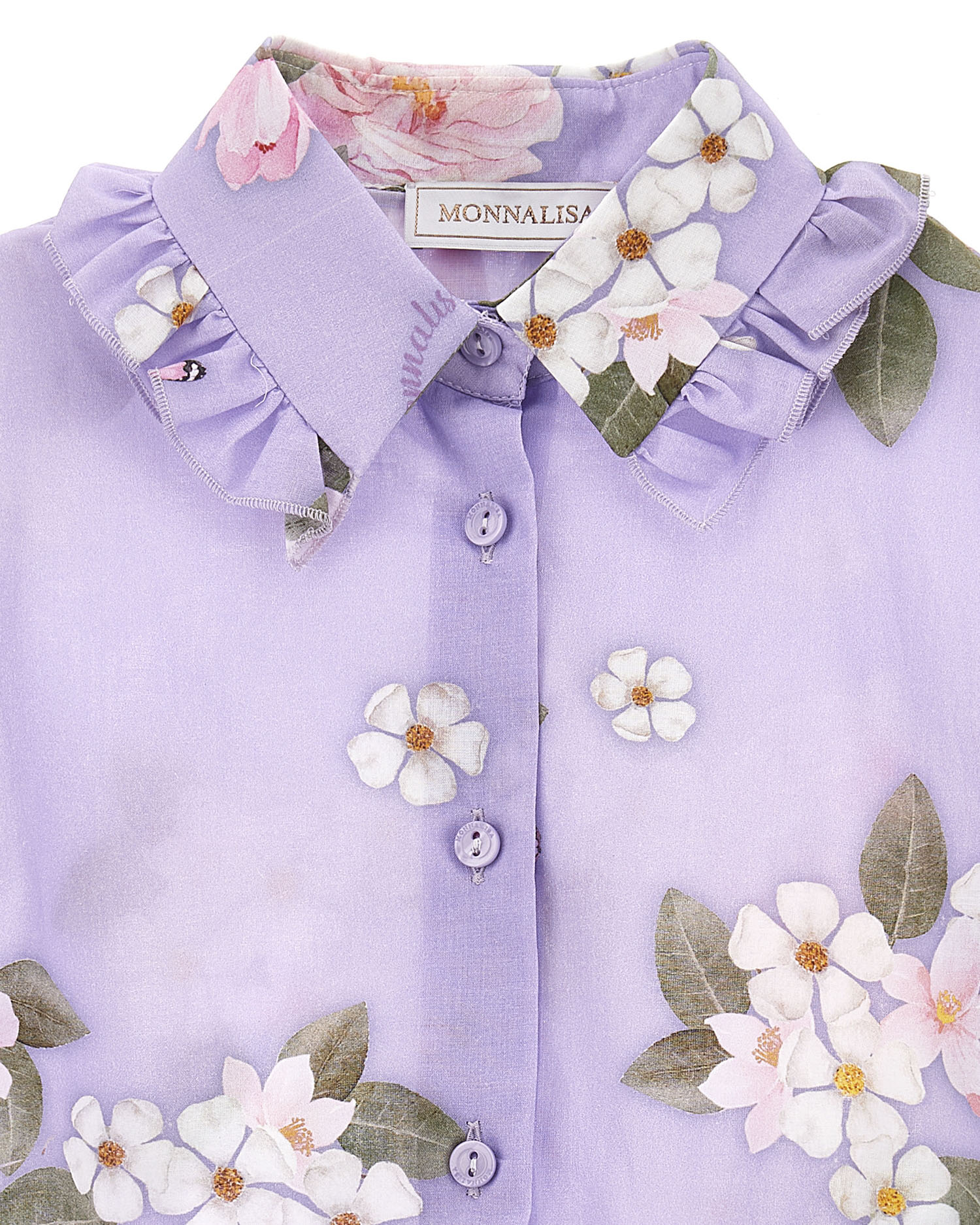 Blusa lilla cropped in mussola di cotone a fantasia floreale e maniche corte  image